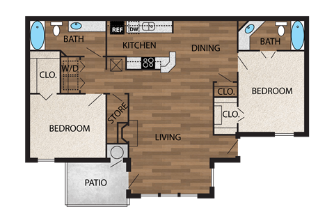 floor plan image of 1144sf 2 bedroom 2 bath upgraded with wood like plank flooring